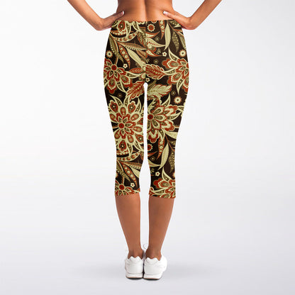 Vintage Brown Bohemian Floral Print Women's Capri Leggings