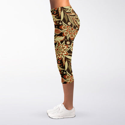 Vintage Brown Bohemian Floral Print Women's Capri Leggings