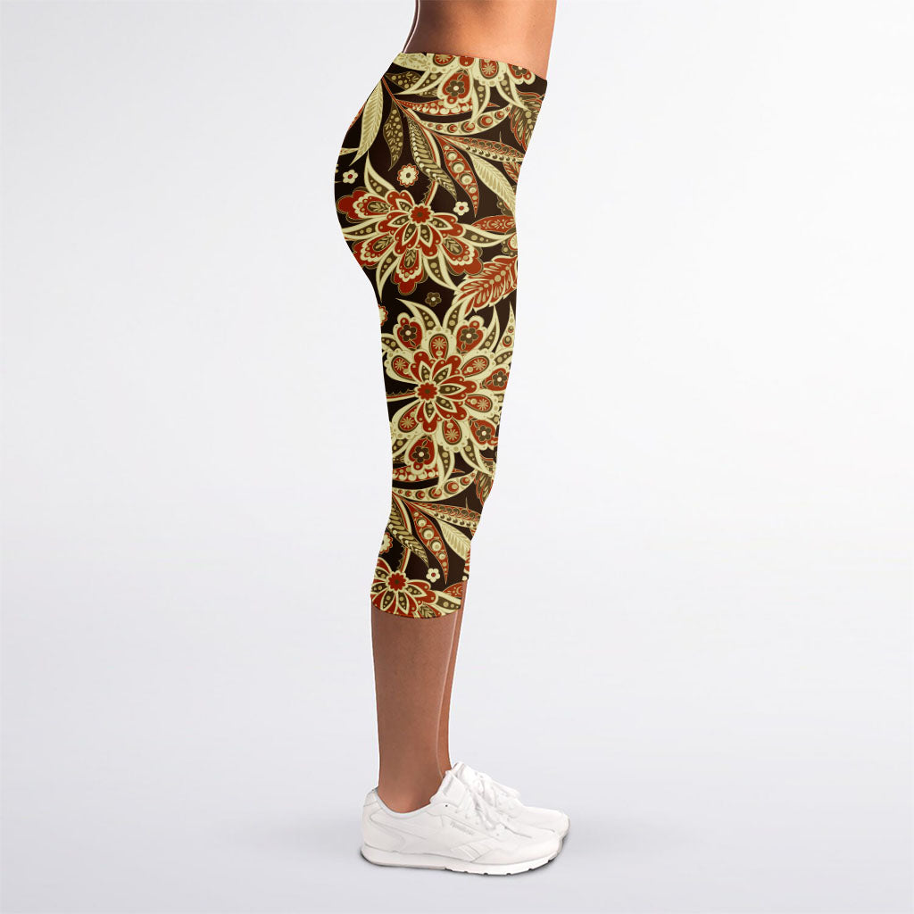 Vintage Brown Bohemian Floral Print Women's Capri Leggings