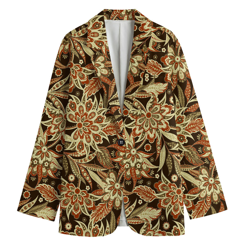Vintage Brown Bohemian Floral Print Women's Cotton Blazer