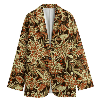 Vintage Brown Bohemian Floral Print Women's Cotton Blazer