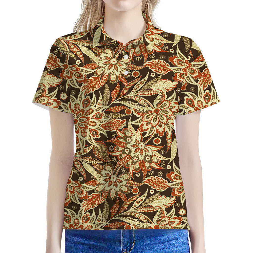 Vintage Brown Bohemian Floral Print Women's Polo Shirt