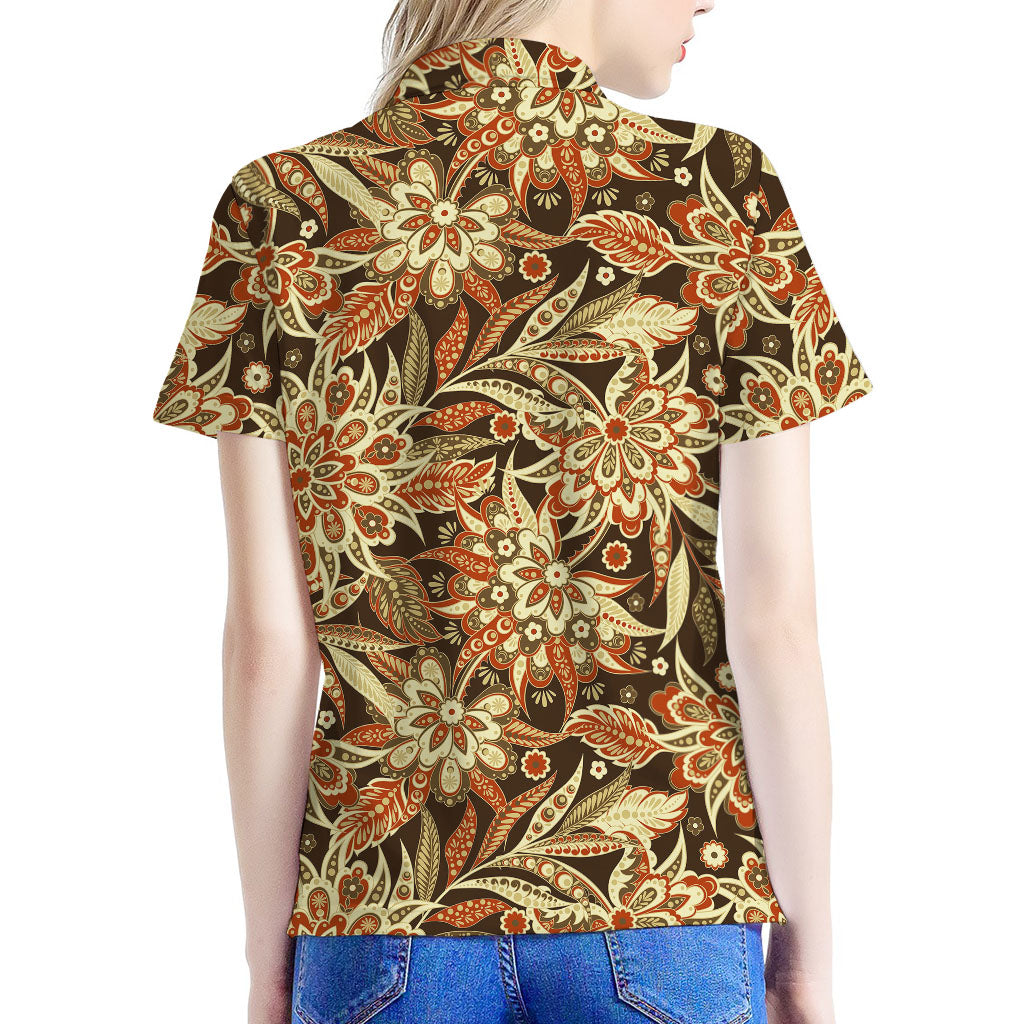 Vintage Brown Bohemian Floral Print Women's Polo Shirt