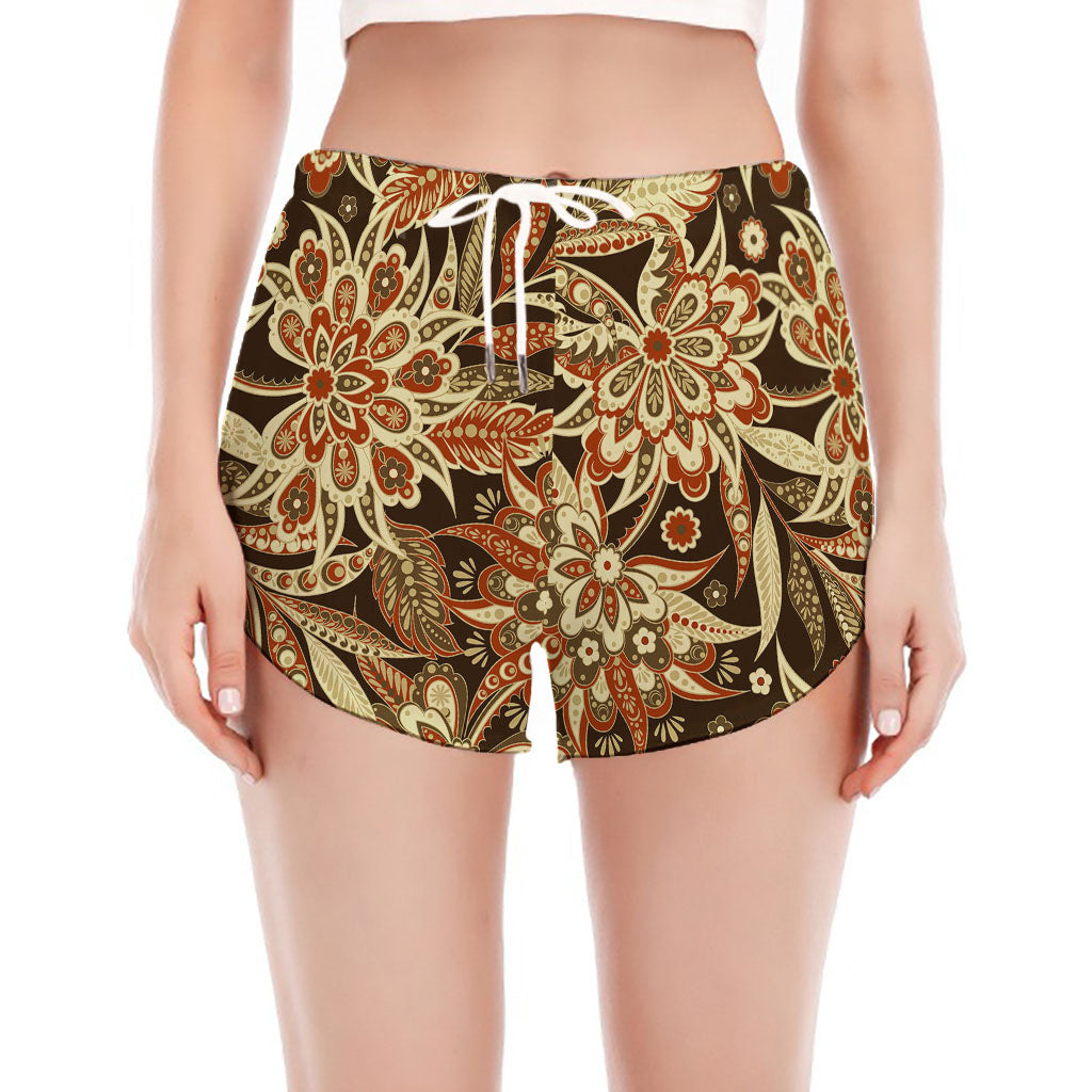 Vintage Brown Bohemian Floral Print Women's Split Running Shorts