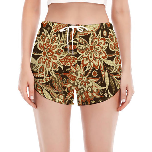 Vintage Brown Bohemian Floral Print Women's Split Running Shorts