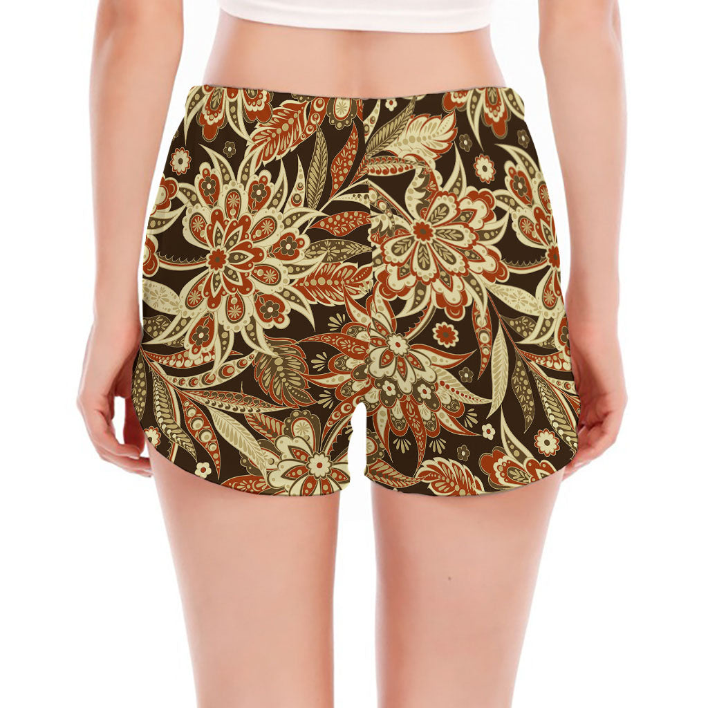 Vintage Brown Bohemian Floral Print Women's Split Running Shorts