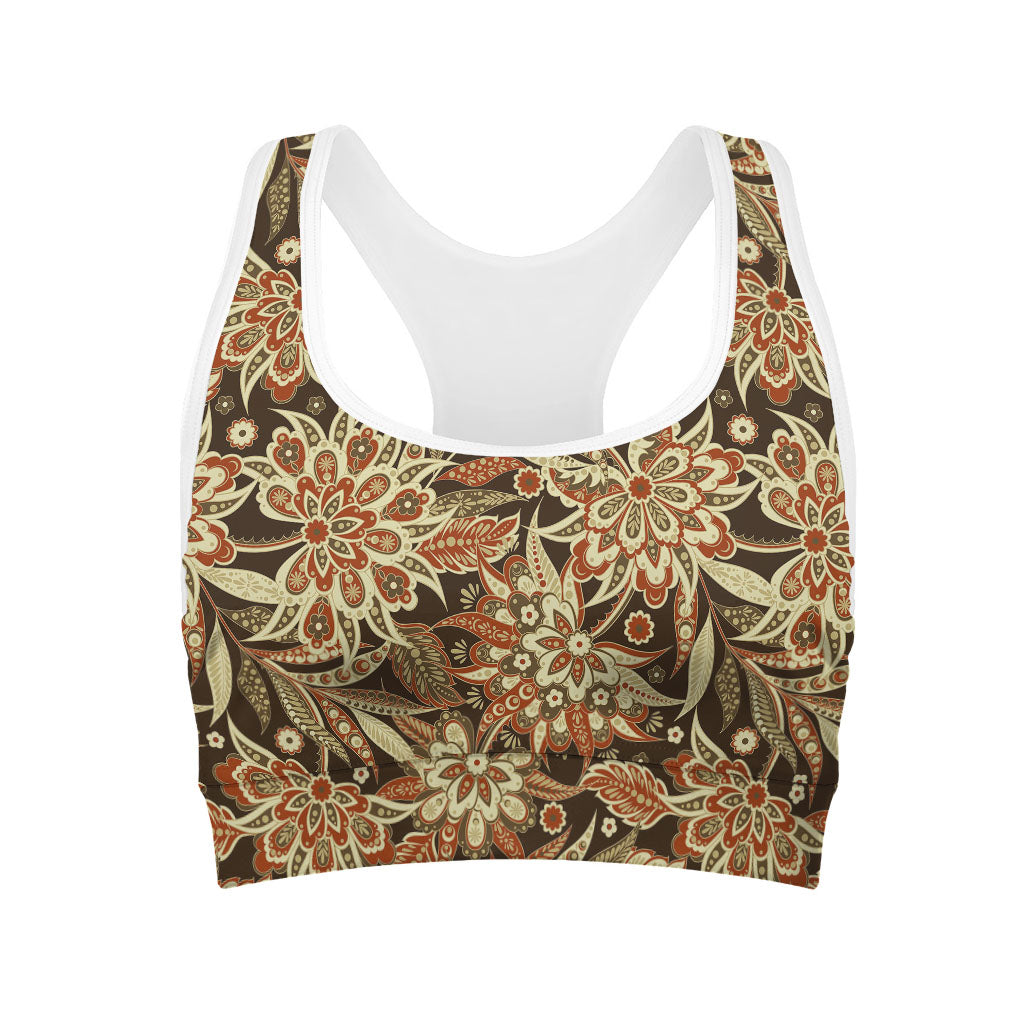 Vintage Brown Bohemian Floral Print Women's Sports Bra