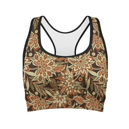 Vintage Brown Bohemian Floral Print Women's Sports Bra