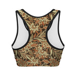 Vintage Brown Bohemian Floral Print Women's Sports Bra