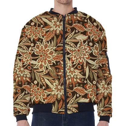 Vintage Brown Bohemian Floral Print Zip Sleeve Bomber Jacket