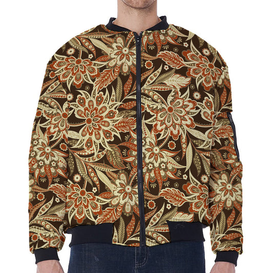Vintage Brown Bohemian Floral Print Zip Sleeve Bomber Jacket