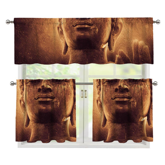 Vintage Buddha Statue Print 3 Piece Kitchen Curtains