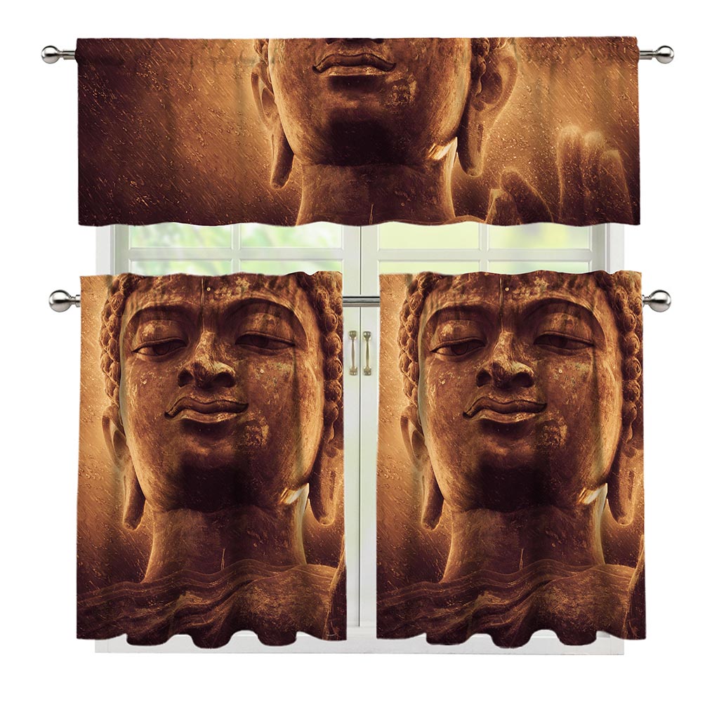 Vintage Buddha Statue Print 3 Piece Kitchen Curtains