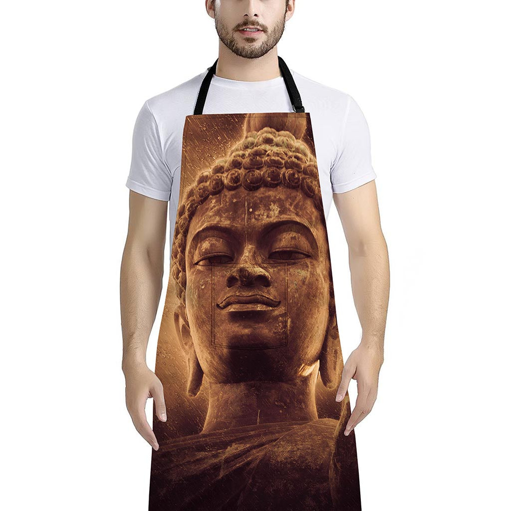 Vintage Buddha Statue Print Bib Apron With Pocket