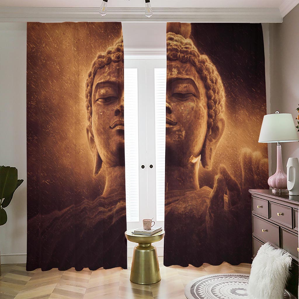 Vintage Buddha Statue Print Blackout Pencil Pleat Curtains