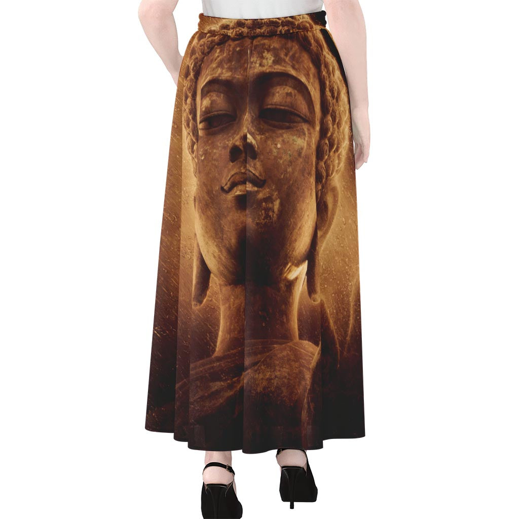 Vintage Buddha Statue Print Chiffon Maxi Skirt