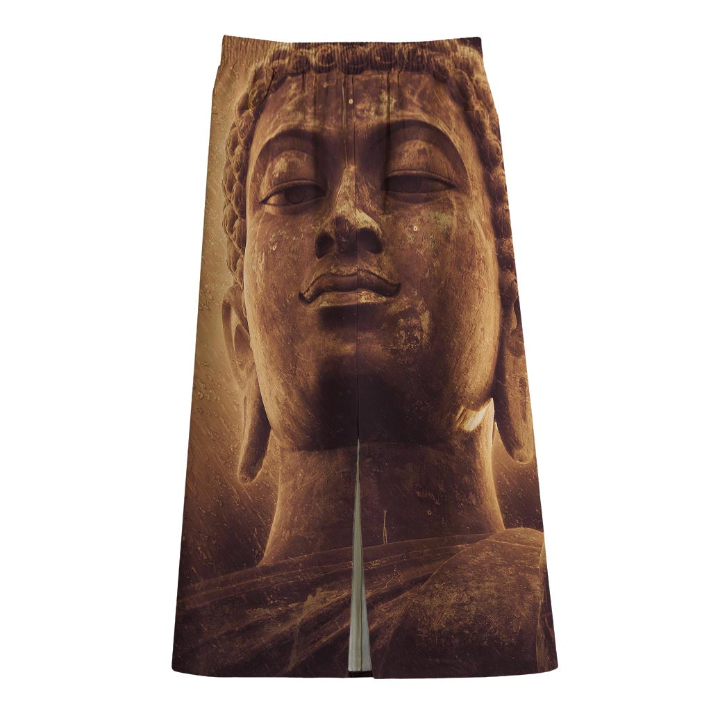 Vintage Buddha Statue Print Cotton Front Slit Maxi Skirt