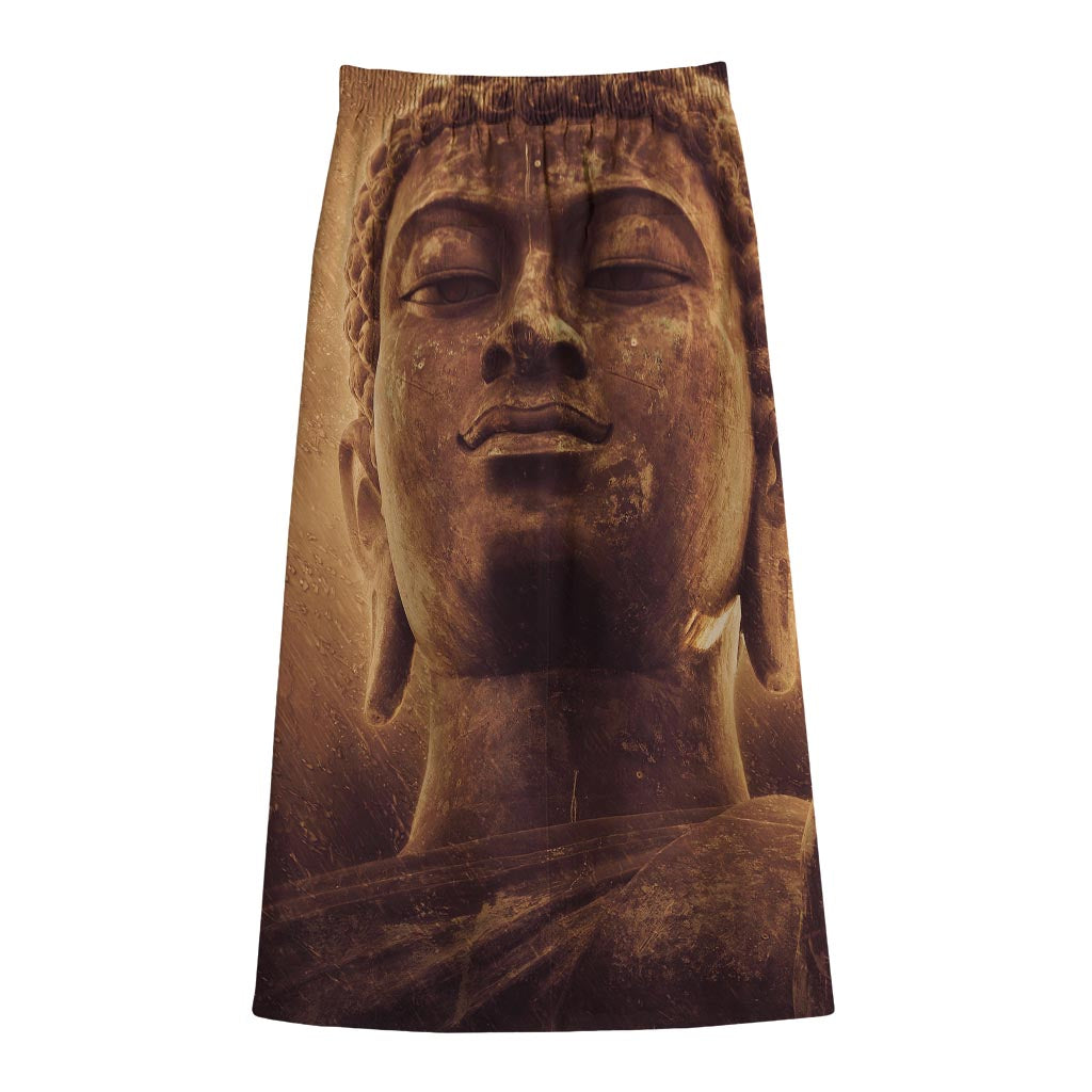 Vintage Buddha Statue Print Cotton Front Slit Maxi Skirt