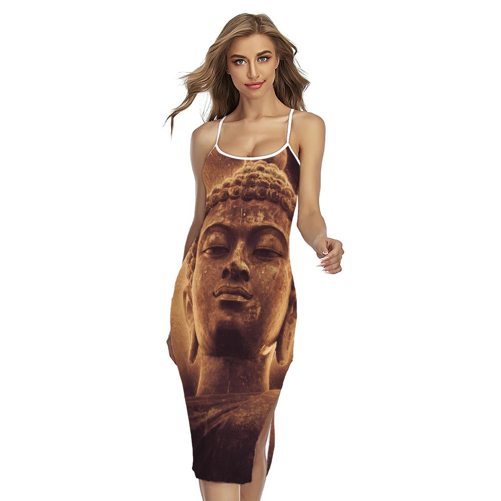 Vintage Buddha Statue Print Cross Back Cami Dress