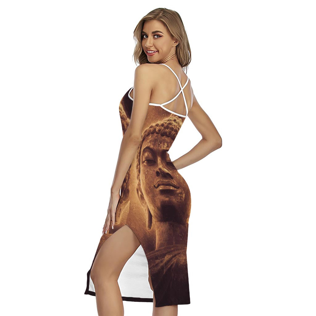 Vintage Buddha Statue Print Cross Back Cami Dress