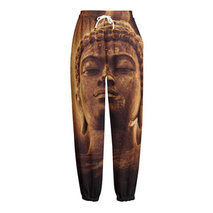 Vintage Buddha Statue Print Fleece Lined Knit Pants