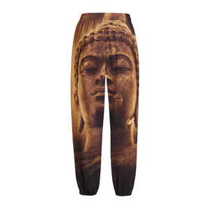 Vintage Buddha Statue Print Fleece Lined Knit Pants