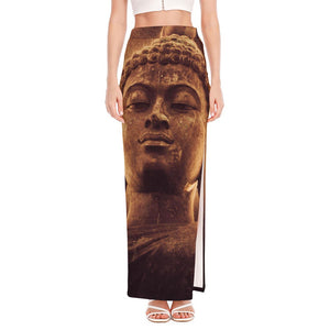 Vintage Buddha Statue Print High Slit Maxi Skirt