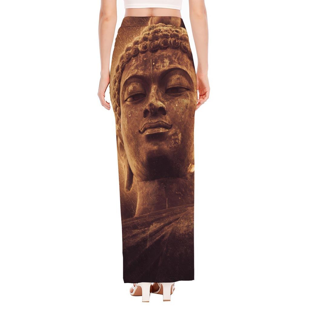 Vintage Buddha Statue Print High Slit Maxi Skirt