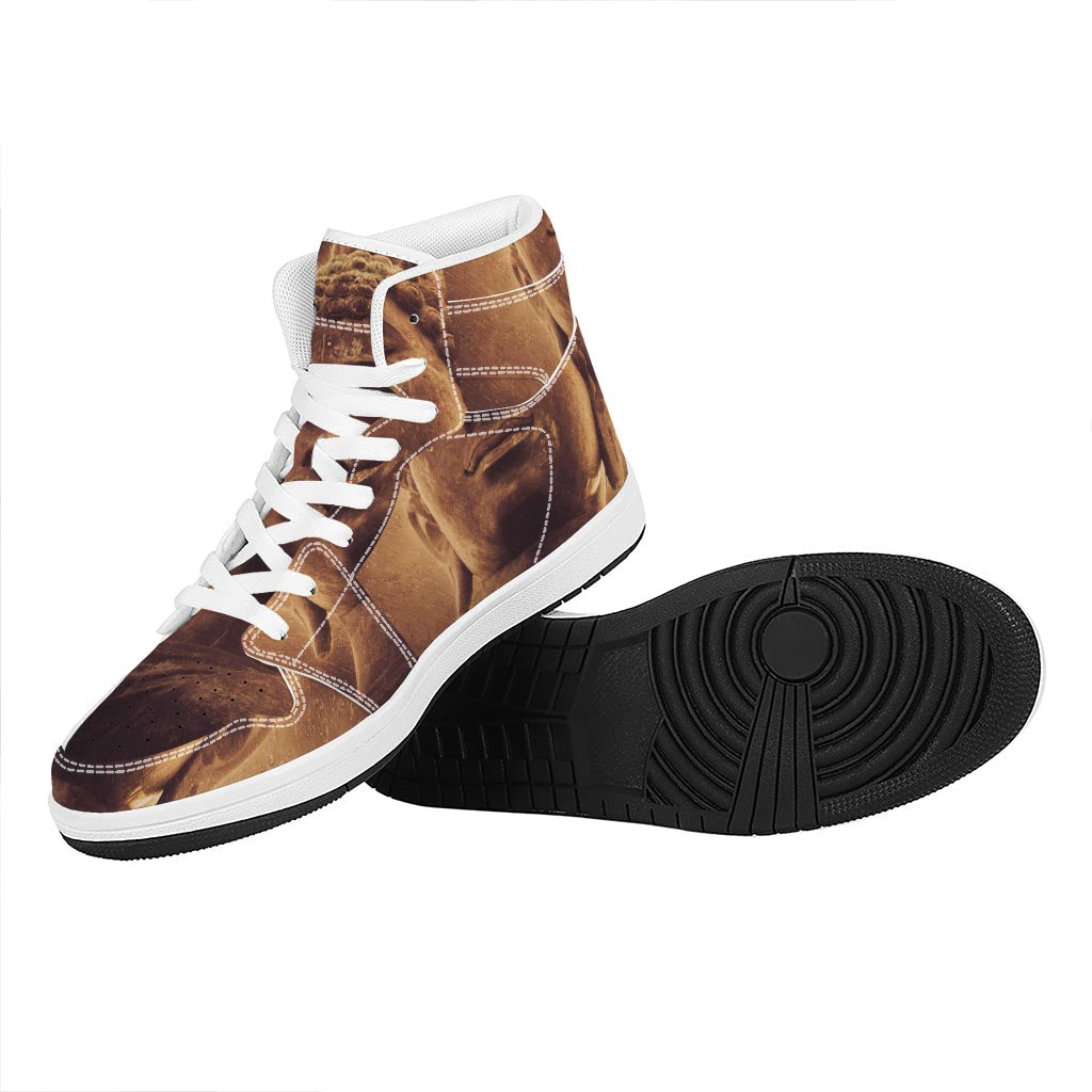 Vintage Buddha Statue Print High Top Leather Sneakers