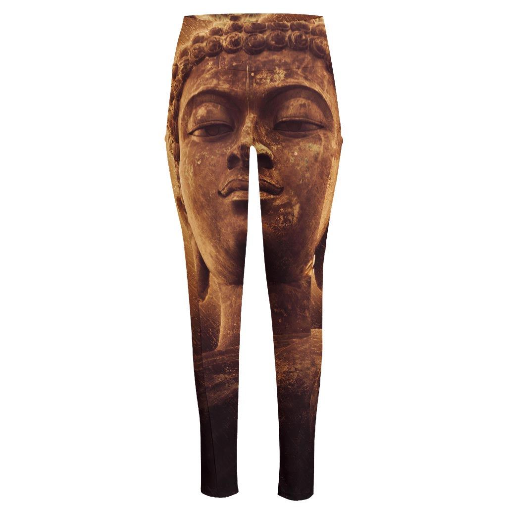 Vintage Buddha Statue Print High-Waisted Pocket Leggings