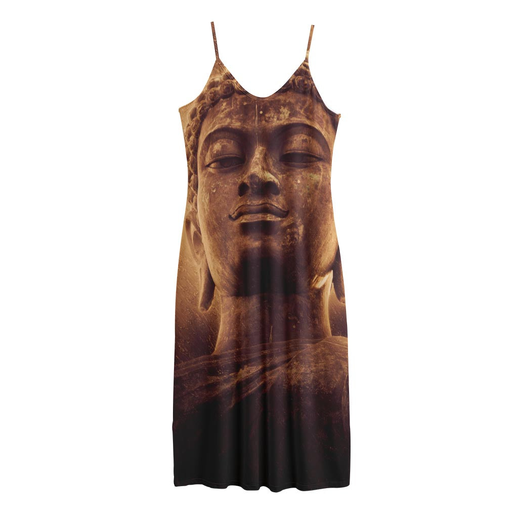 Vintage Buddha Statue Print Jersey Midi Cami Dress