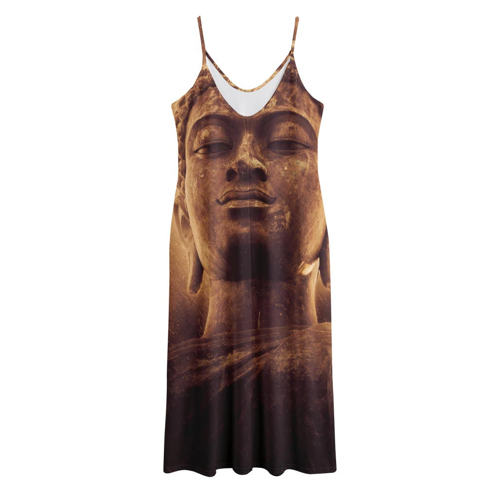 Vintage Buddha Statue Print Jersey Midi Cami Dress