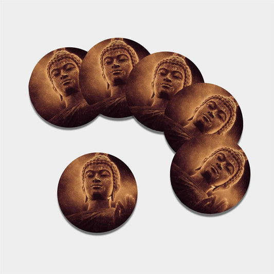 Vintage Buddha Statue Print Leather Coaster Set