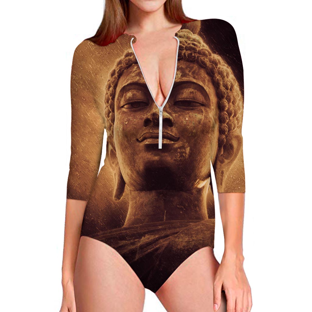 Vintage Buddha Statue Print Long Sleeve Swimsuit