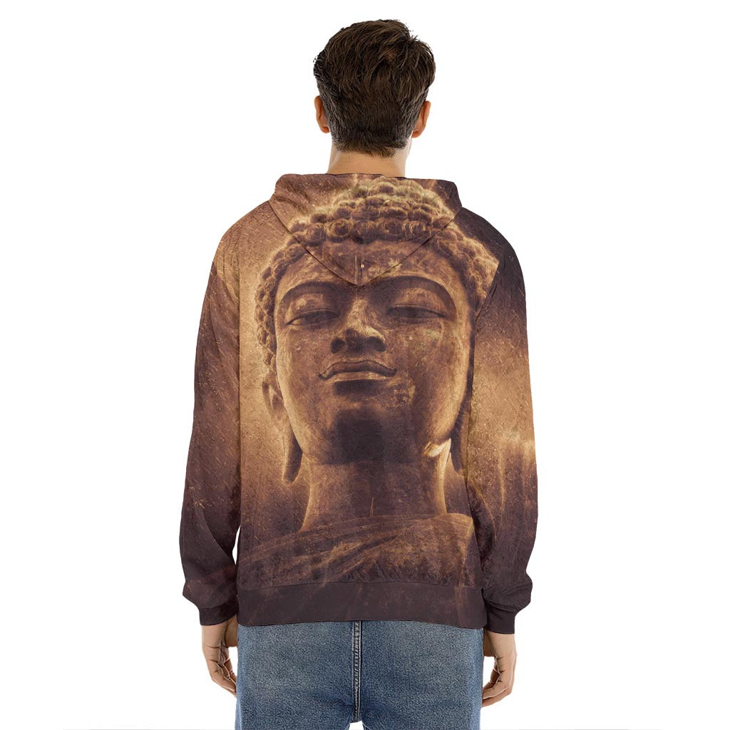 Vintage Buddha Statue Print Men's Velvet Pullover Hoodie