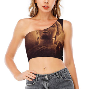 Vintage Buddha Statue Print One Shoulder Crop Top