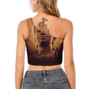 Vintage Buddha Statue Print One Shoulder Crop Top