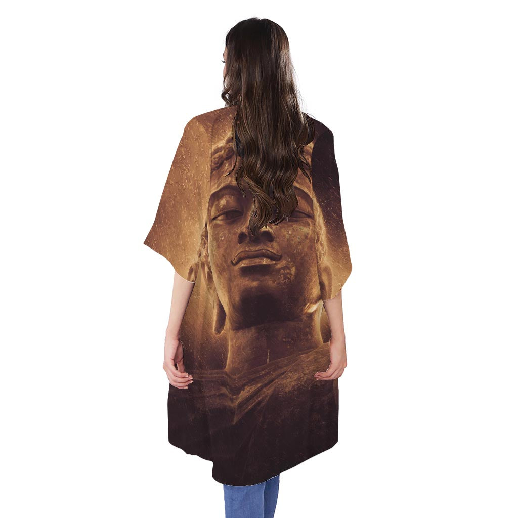 Vintage Buddha Statue Print Open Front Beach Cover Up