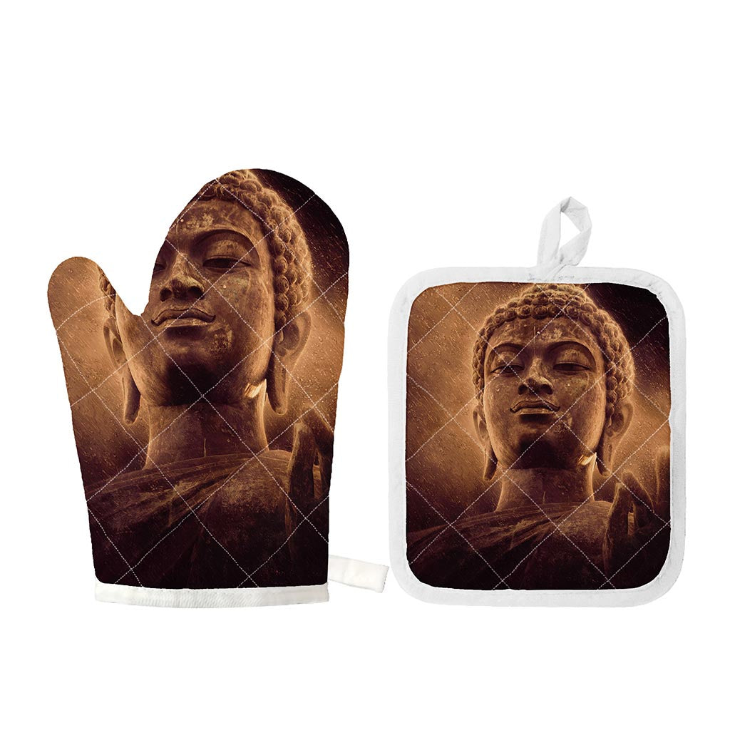 Vintage Buddha Statue Print Oven Mitt And Pot Holder Set