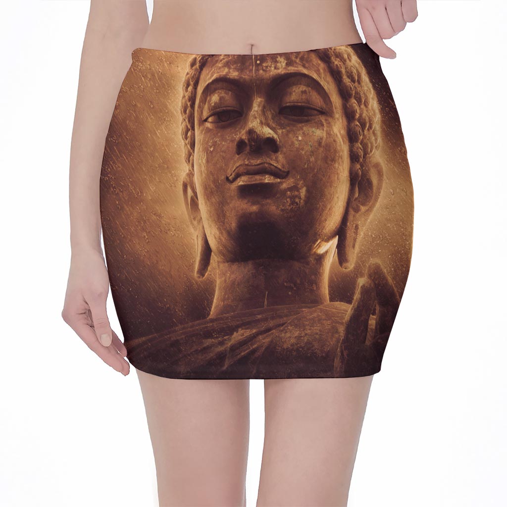 Vintage Buddha Statue Print Pencil Mini Skirt