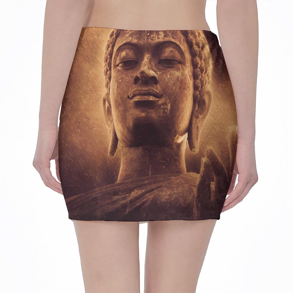 Vintage Buddha Statue Print Pencil Mini Skirt