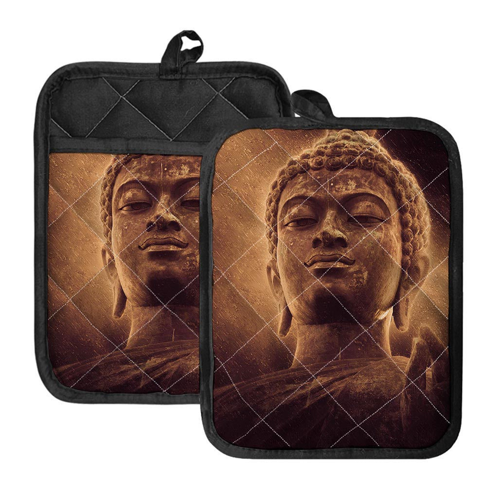 Vintage Buddha Statue Print Pot Holders With Pocket