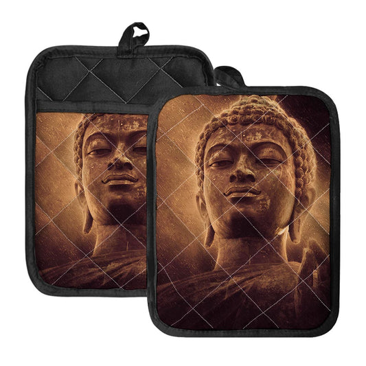 Vintage Buddha Statue Print Pot Holders With Pocket