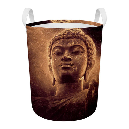 Vintage Buddha Statue Print Round Laundry Basket