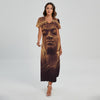 Vintage Buddha Statue Print Short Sleeve Maxi Dress