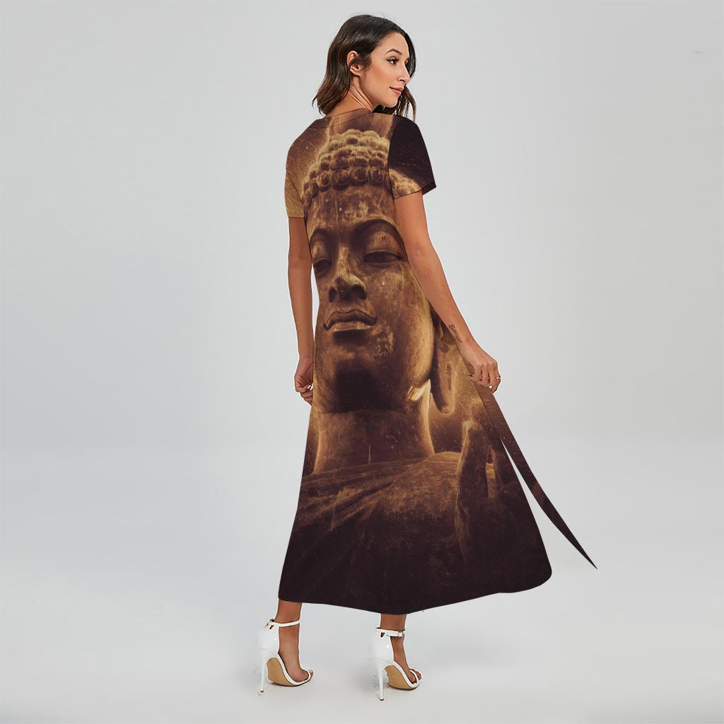 Vintage Buddha Statue Print Short Sleeve Maxi Dress