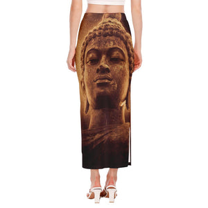 Vintage Buddha Statue Print Side Slit Maxi Skirt