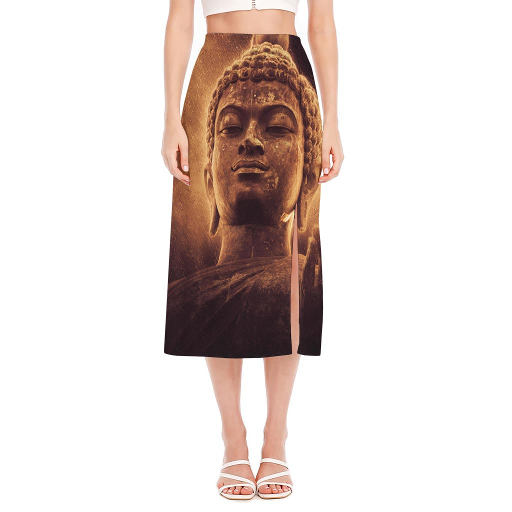 Vintage Buddha Statue Print Side Slit Midi Skirt