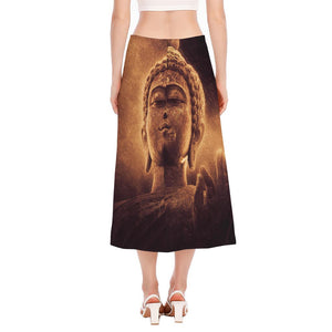 Vintage Buddha Statue Print Side Slit Midi Skirt