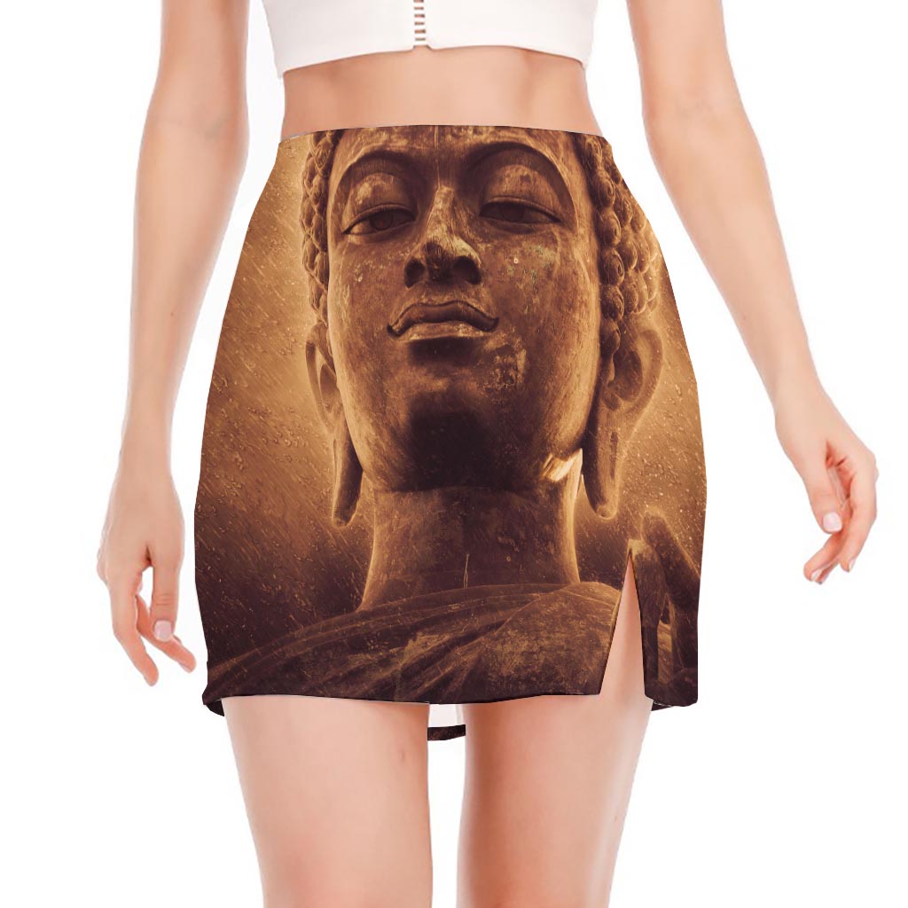 Vintage Buddha Statue Print Side Slit Mini Skirt